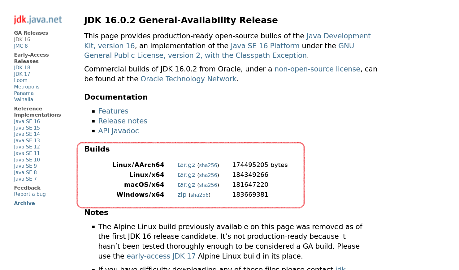 JDK16 Download Page